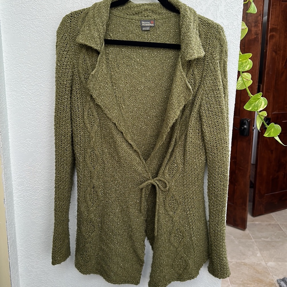 Royal Robbins tie front green sweater.